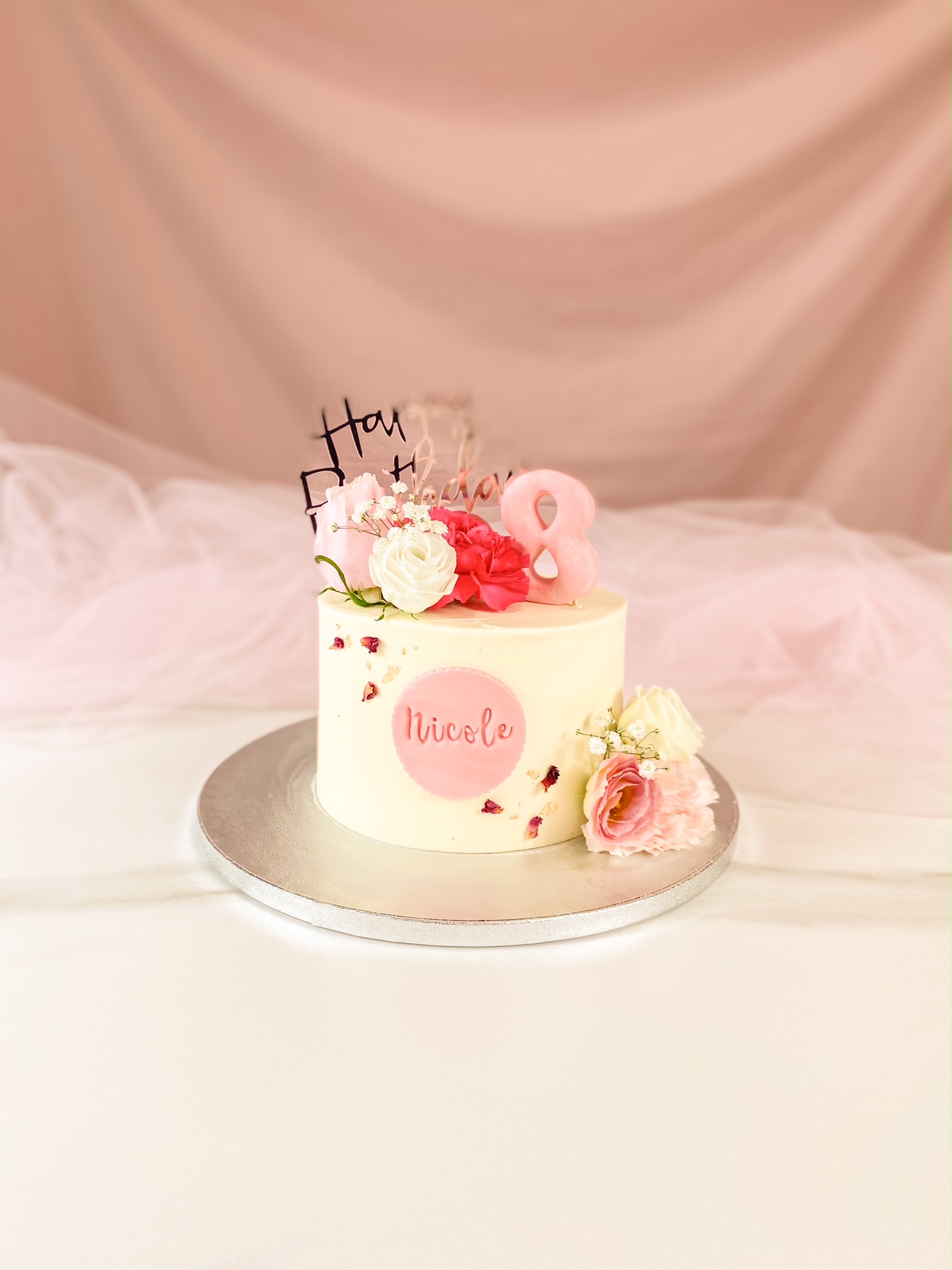 Torta Cake Design compleanno toni del rosa e bianco